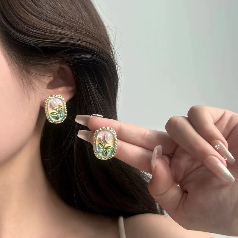 Vintage Enamel Oil Painting Style Earrings For Women Alloy Floral Butterfly Design With 925 Sterling Silver Earring Post - View 2