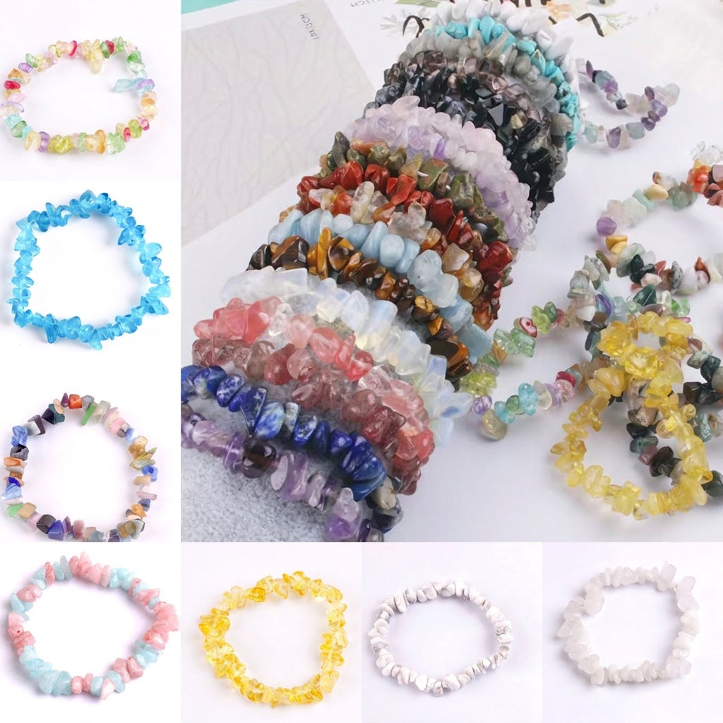 Natural Stone Chip Bracelet Irregular Gemstone Fragments Elastic Handmade Bohemian Healing Reiki Jewelry For Women Men