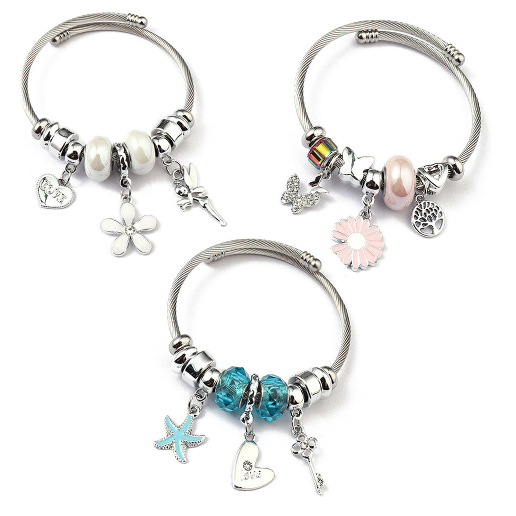 Charm Bracelet Stainless Steel Alloy Pendant Crystal Glass Beads Butterfly Heart Flower Adjustable Jewelry For Women