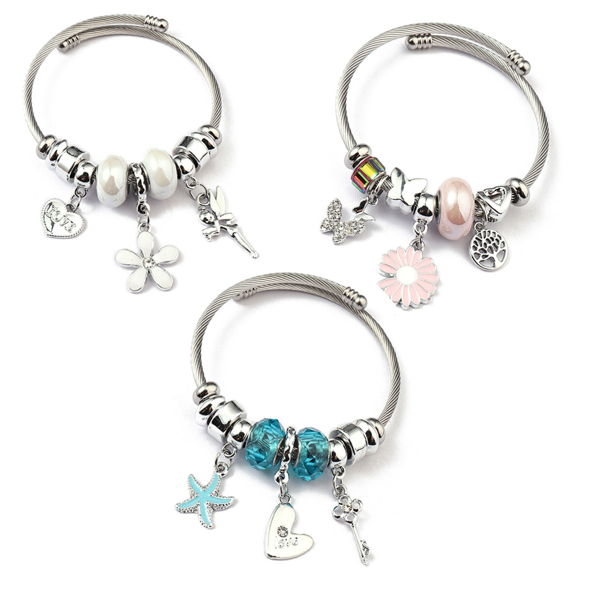 Charm Bracelet Stainless Steel Alloy Pendant Crystal Glass Beads Butterfly Heart Flower Adjustable Jewelry For Women