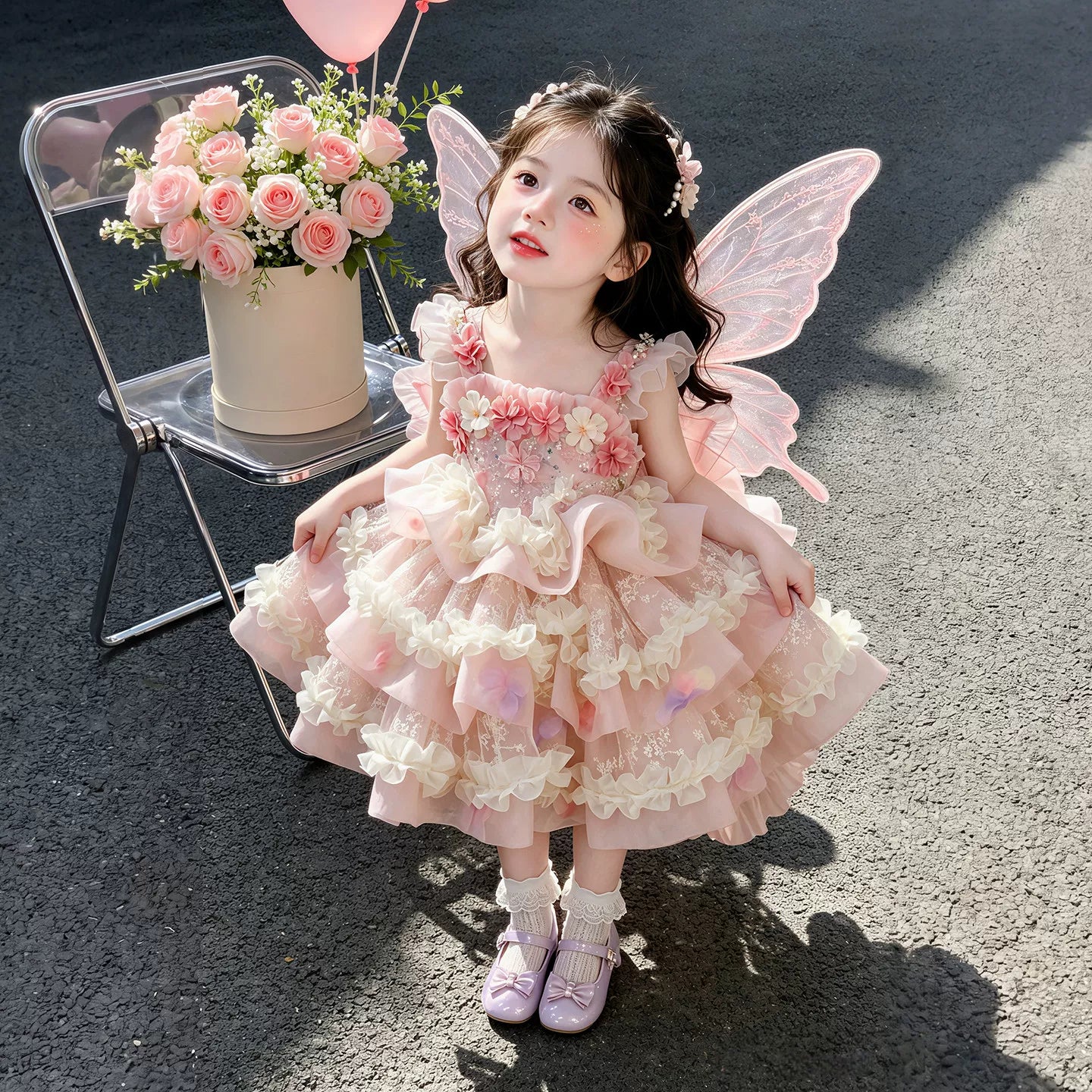Girls Summer Princess Flower Fairy Mesh Dress - Layered Cake Puffy Lolita