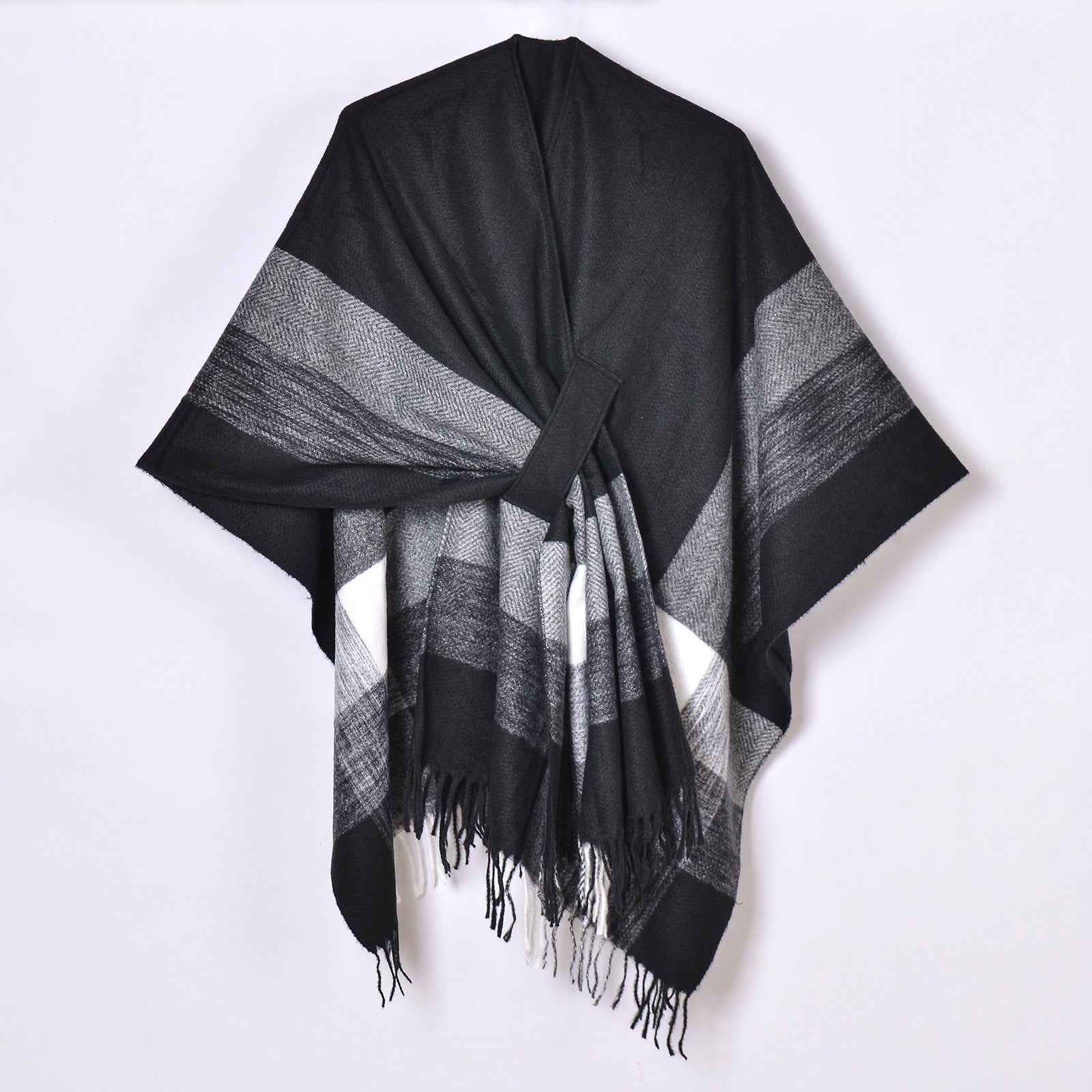 Women Faux Cashmere Shawl Poncho Tie-Up Open
