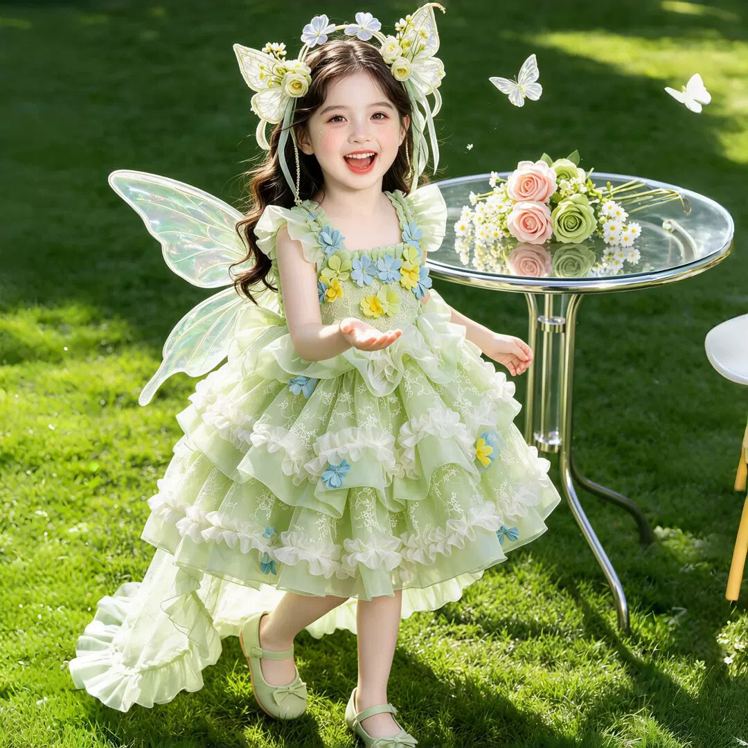 Girls Summer Princess Flower Fairy Mesh Dress - Layered Cake Puffy Lolita
