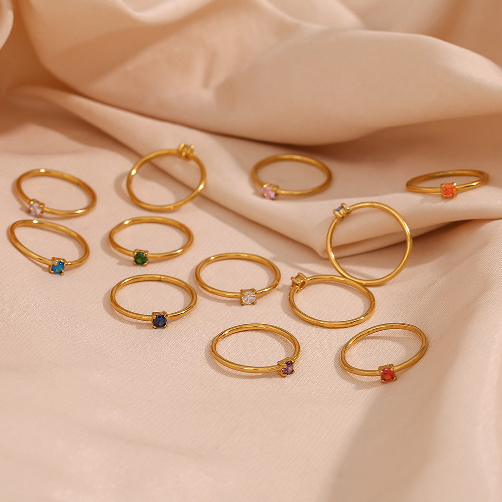 Minimalist Thin Band Ring Stainless Steel 18K Gold Plated Colorful Zircon Birthstone Stackable Jewelry For Women - View 3
