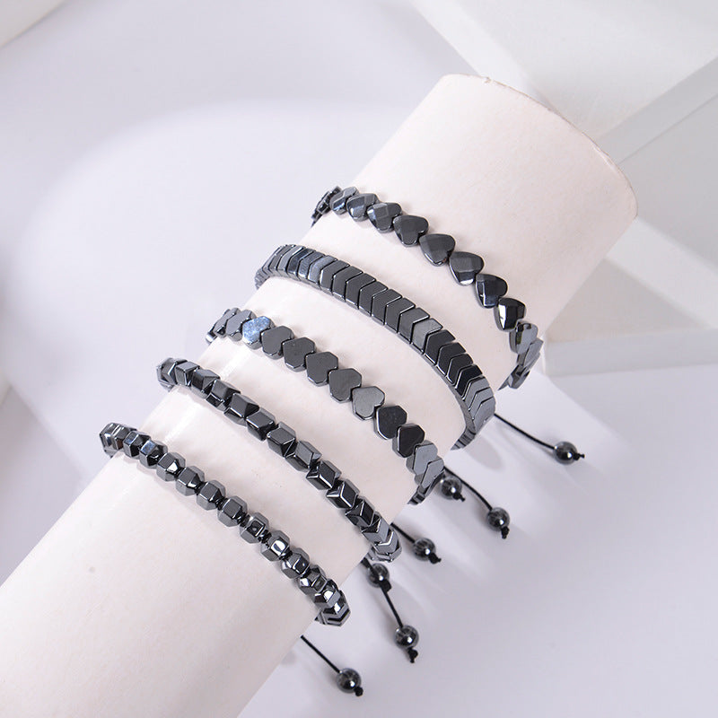 Heart Shape Hematite Magnetic Stone Adjustable Woven Rope Bracelet Unisex Fashion Jewelry Black - View 2