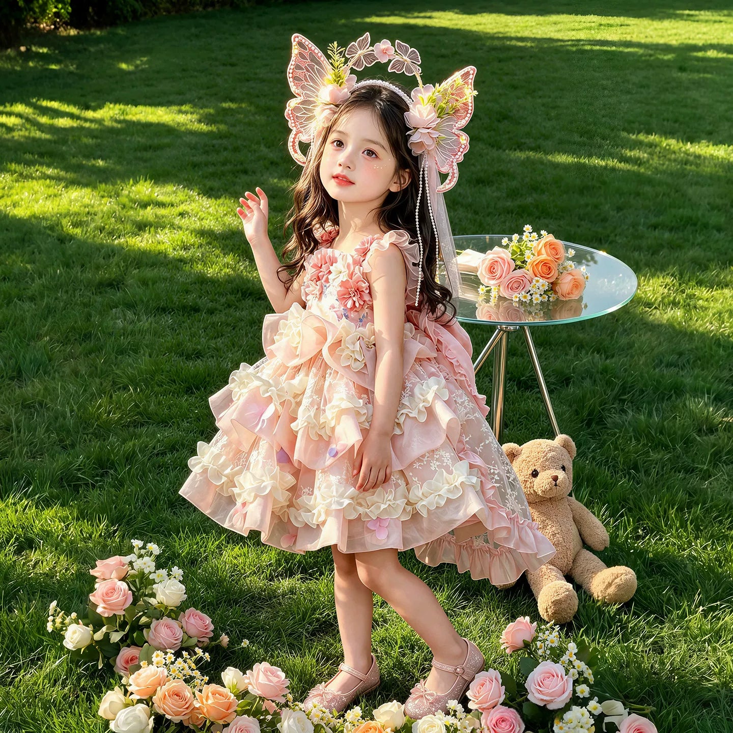 Girls Summer Princess Flower Fairy Mesh Dress - Layered Cake Puffy Lolita