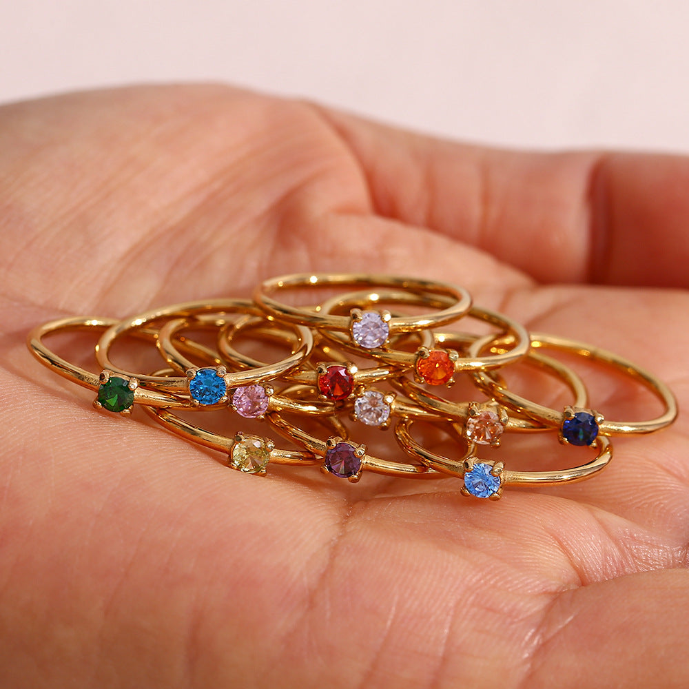 Minimalist Thin Band Ring Stainless Steel 18K Gold Plated Colorful Zircon Birthstone Stackable Jewelry For Women - View 2