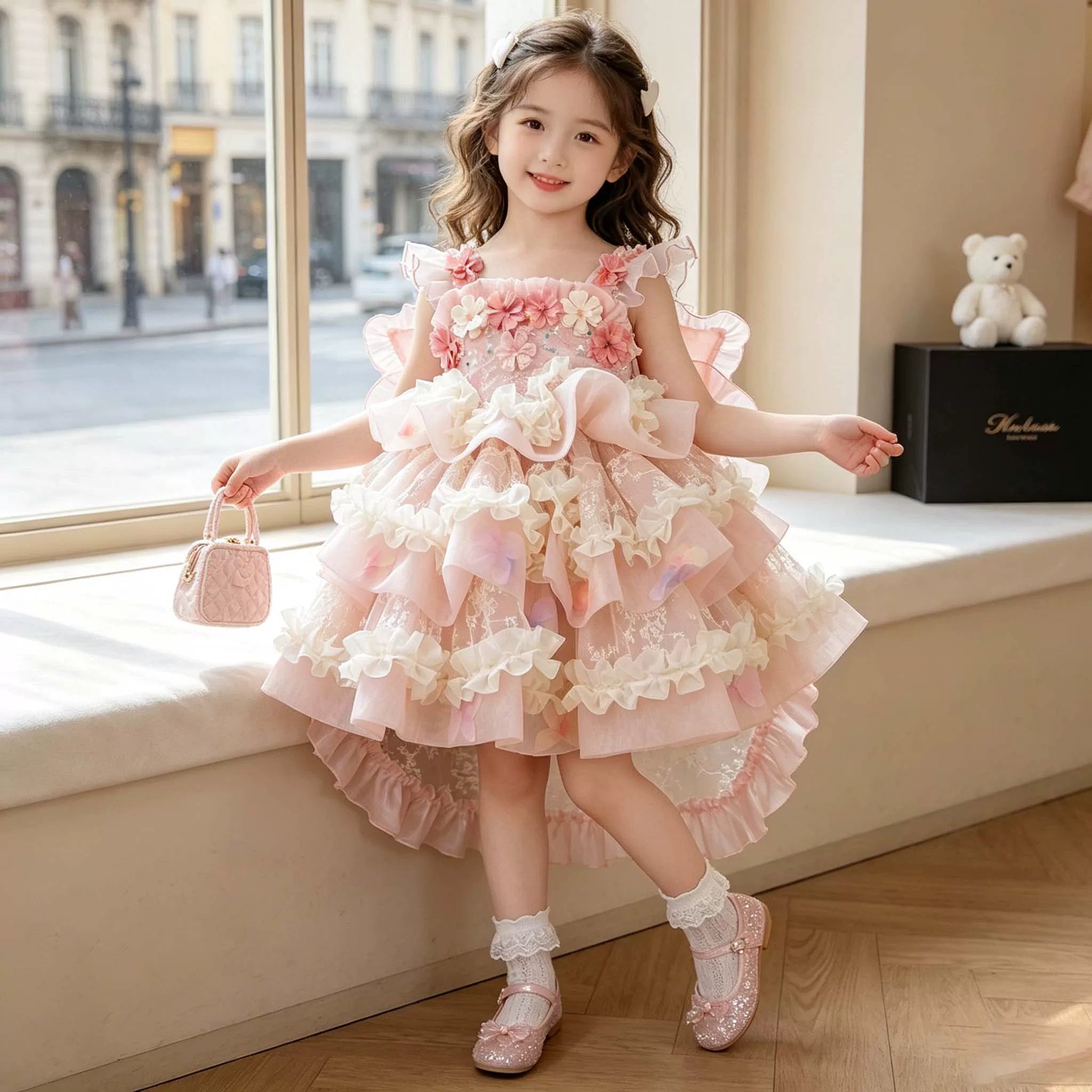 Girls Summer Princess Flower Fairy Mesh Dress - Layered Cake Puffy Lolita