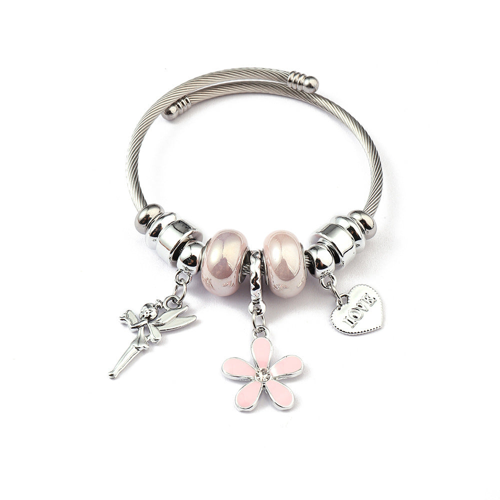 Charm Bracelet Stainless Steel Alloy Pendant Crystal Glass Beads Butterfly Heart Flower Adjustable Jewelry For Women - View 5
