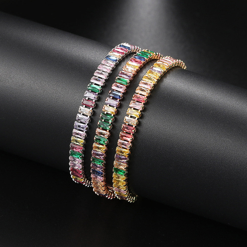 Baguette Cut Rectangular Cubic Zirconia Tennis Bracelet Copper Gold Plated Fashion Jewelry For Women Elegant Sparkling - View 3