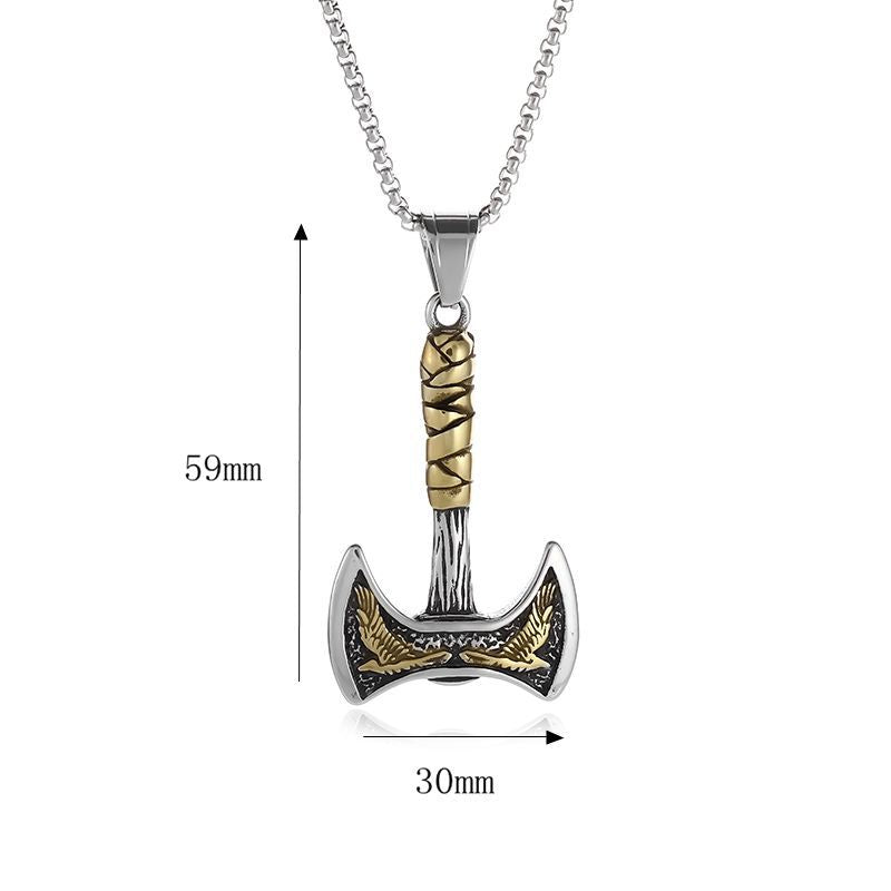 Viking Double Axe Pendant Necklace Men Titanium Steel Two Tone Gold Antique Silver Norse Mythology Biker Jewelry Accessory Gift - View 5
