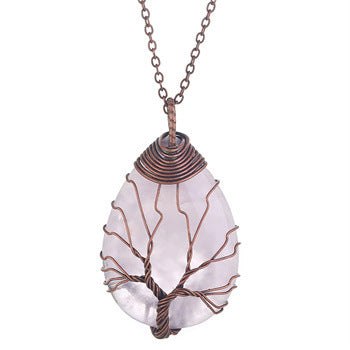 Tree Of Life Teardrop Pendant Necklace Natural Gemstone Crystal Wire Wrapped Healing Energy Stone Jewelry For Women