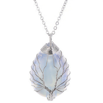 Tree Of Life Teardrop Pendant Necklace Natural Gemstone Crystal Wire Wrapped Healing Energy Stone Jewelry For Women