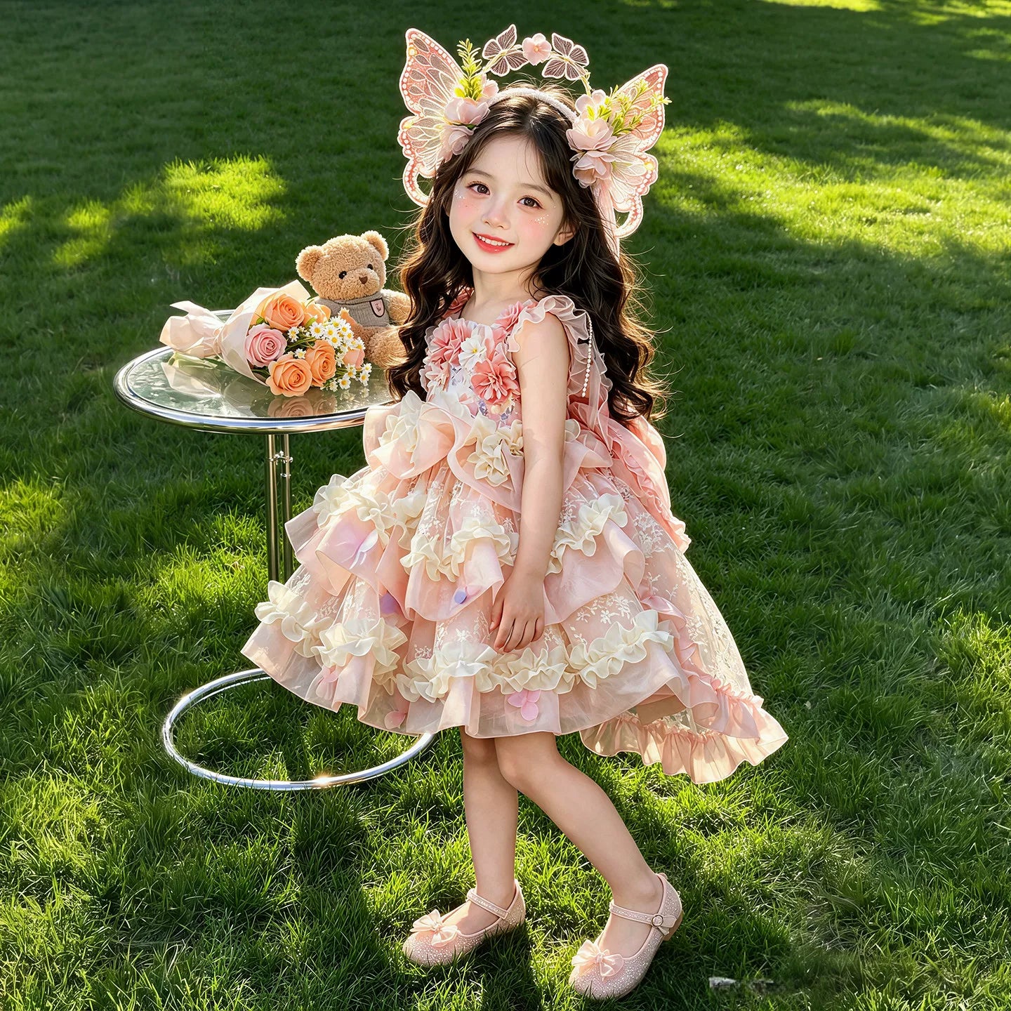 Girls Summer Princess Flower Fairy Mesh Dress - Layered Cake Puffy Lolita
