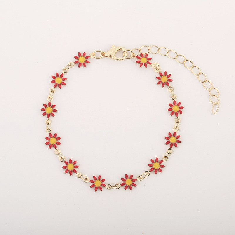 Daisy Flower Bracelet For Women Copper Gold Plated Enamel Colorful Heart Pendant Adjustable Extension Chain Fresh Jewelry