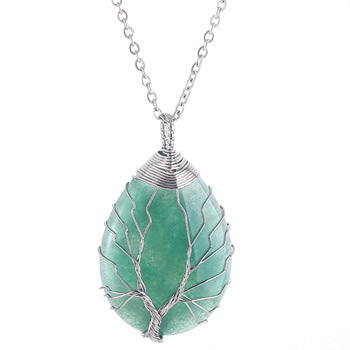 Tree Of Life Teardrop Pendant Necklace Natural Gemstone Crystal Wire Wrapped Healing Energy Stone Jewelry For Women
