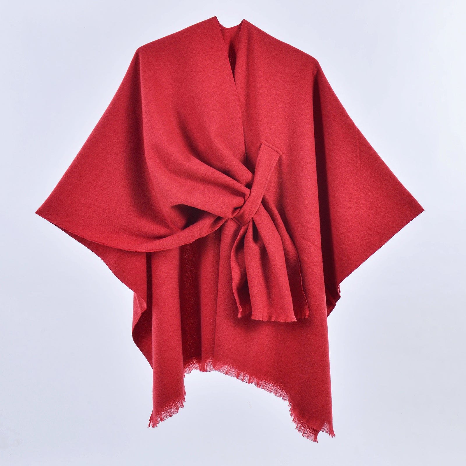 Women Faux Cashmere Shawl Poncho Tie-Up Open