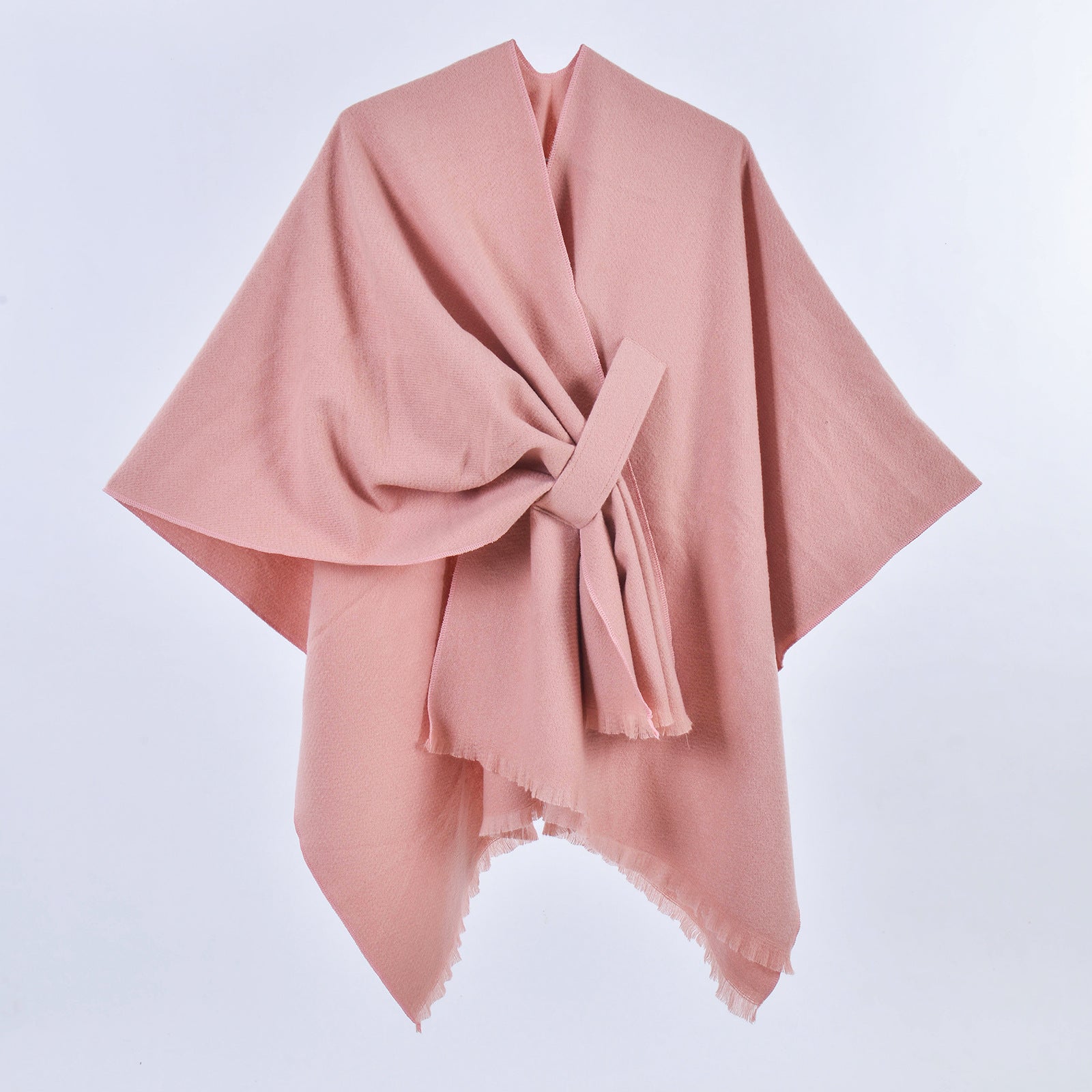 Women Faux Cashmere Shawl Poncho Tie-Up Open