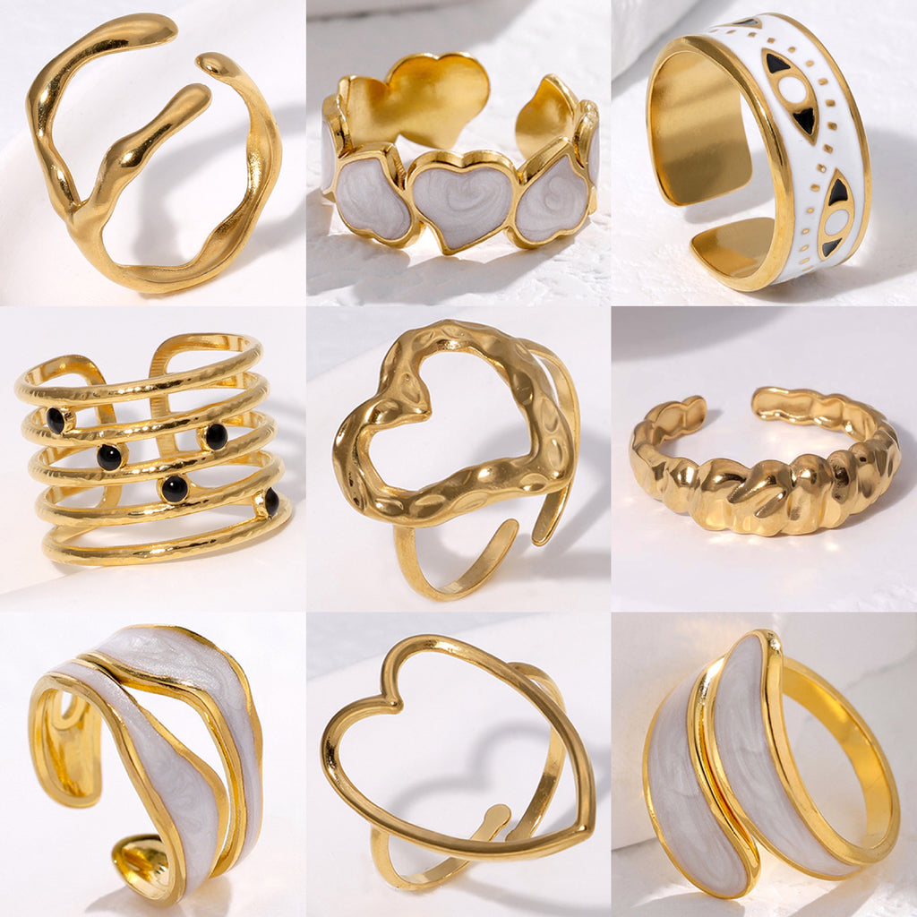 Stainless Steel Adjustable Open Rings For Women Minimalist Aesthetic Heart Evil Eye Leaf Geometric Enamel Drip Oil Jewelry