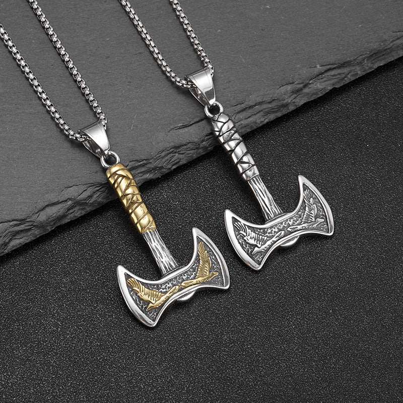 Viking Double Axe Pendant Necklace Men Titanium Steel Two Tone Gold Antique Silver Norse Mythology Biker Jewelry Accessory Gift