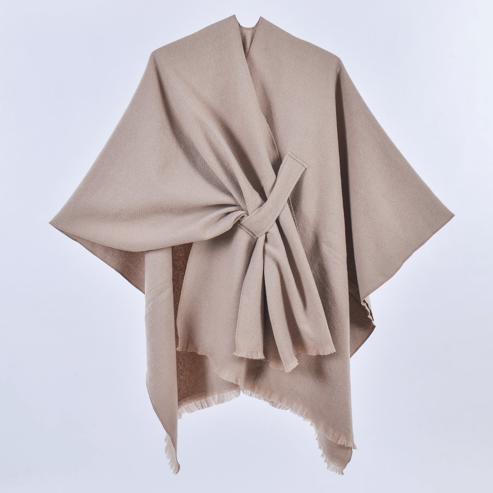 Women Faux Cashmere Shawl Poncho Tie-Up Open Front Wrap With Tassels Solid Color Striped Plaid Fashion Cape