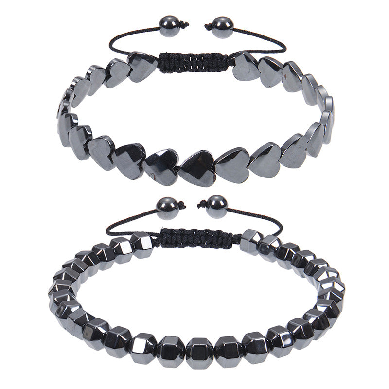 Heart Shape Hematite Magnetic Stone Adjustable Woven Rope Bracelet Unisex Fashion Jewelry Black