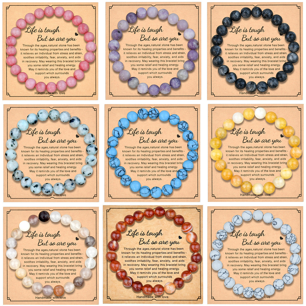 Natural Gemstone Beaded Bracelet Handmade Healing Crystal Jewelry Gift With Inspirational Card For Men Women Elastic