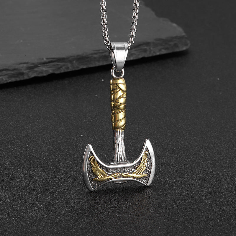 Viking Double Axe Pendant Necklace Men Titanium Steel Two Tone Gold Antique Silver Norse Mythology Biker Jewelry Accessory Gift - View 2