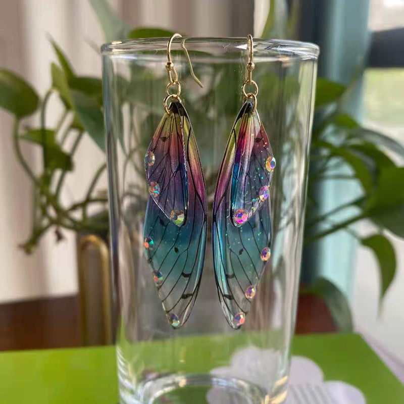 Butterfly Wing Drop Earrings Gradient Resin Rhinestone Jewelry With 925 Sterling Silver Earring Post