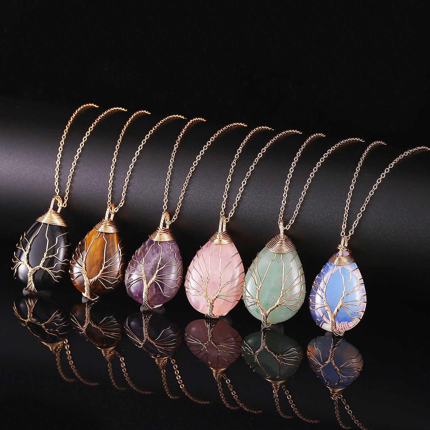 Tree Of Life Teardrop Pendant Necklace Natural Gemstone Crystal Wire Wrapped Healing Energy Stone Jewelry For Women - View 2
