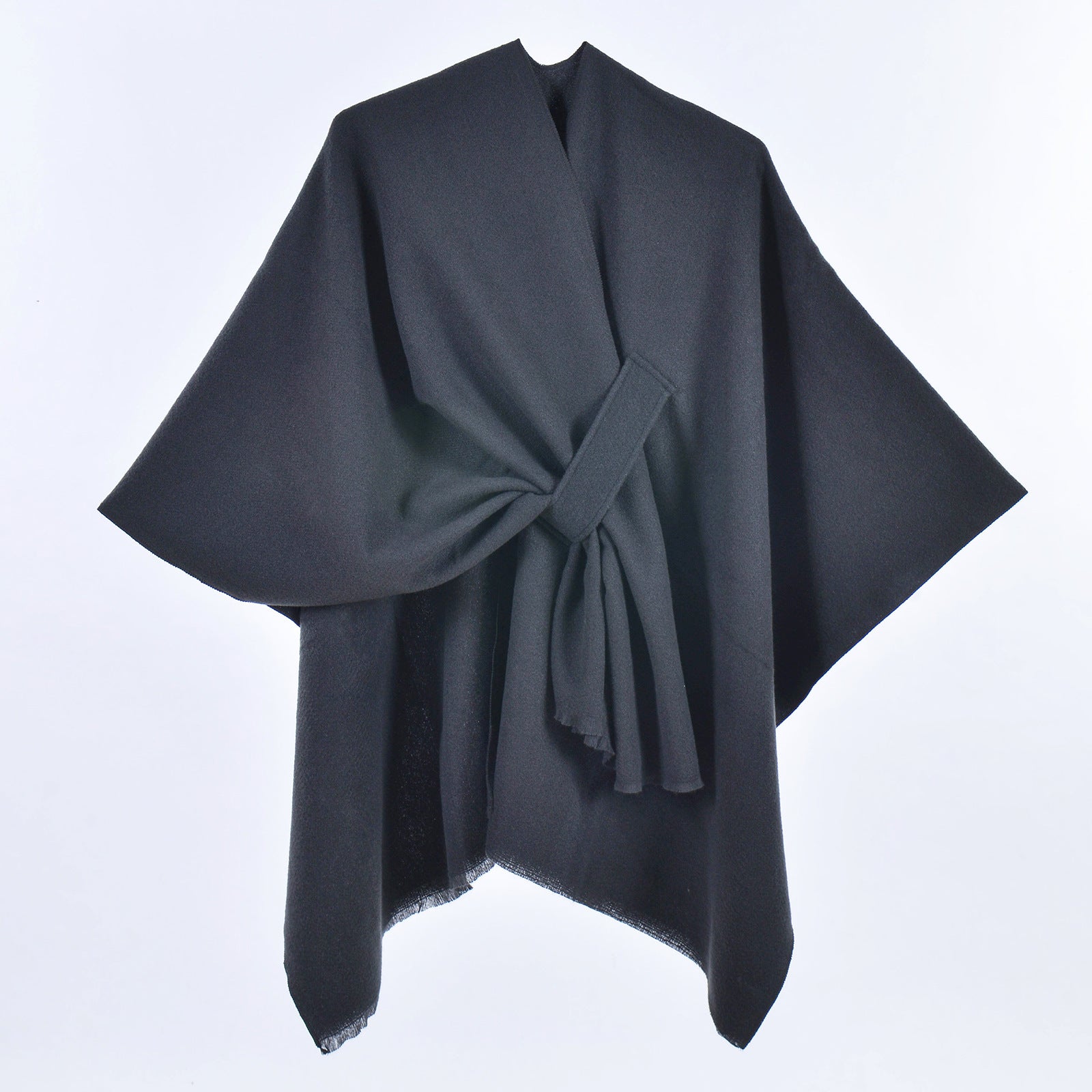 Women Faux Cashmere Shawl Poncho Tie-Up Open Front Wrap With Tassels Solid Color Striped Plaid Fashion Cape - View 2