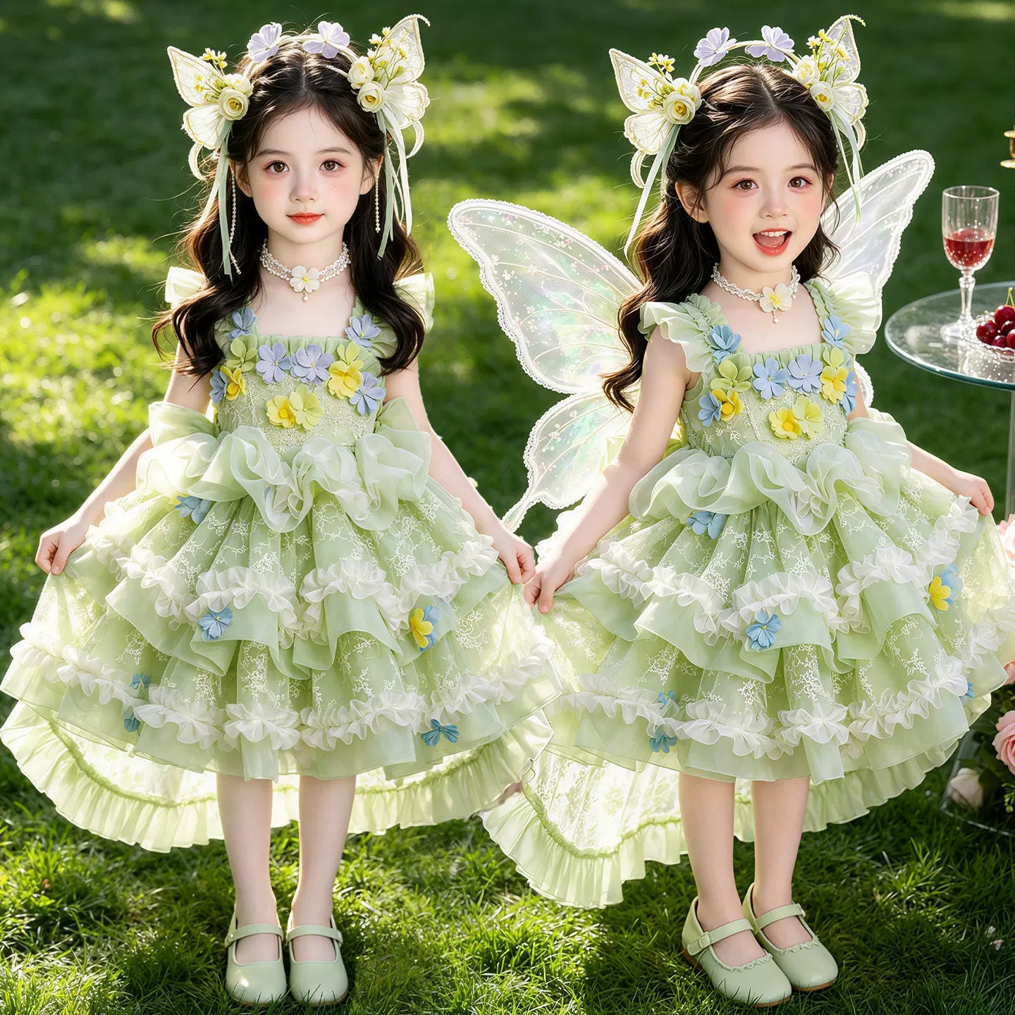 Girls Summer Princess Flower Fairy Mesh Dress - Layered Cake Puffy Lolita