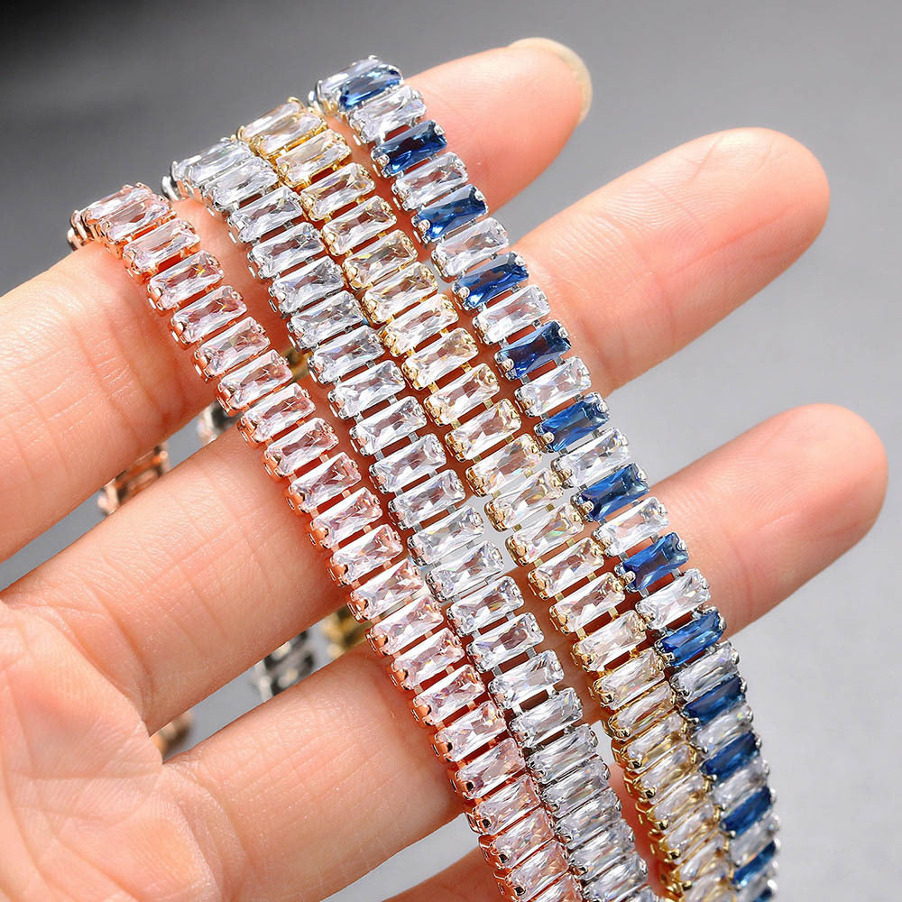 Baguette Cut Rectangular Cubic Zirconia Tennis Bracelet Copper Gold Plated Fashion Jewelry For Women Elegant Sparkling - View 4