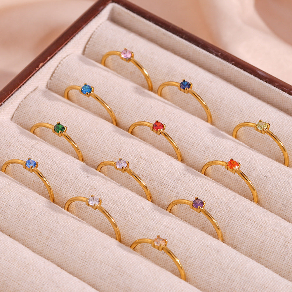 Minimalist Thin Band Ring Stainless Steel 18K Gold Plated Colorful Zircon Birthstone Stackable Jewelry For Women