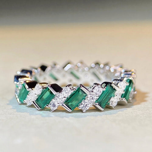 925 Sterling Silver Emerald Cut Zirconia Eternity Ring Luxurious Geometric Stackable Wedding Anniversary Ring For Women Jewelry