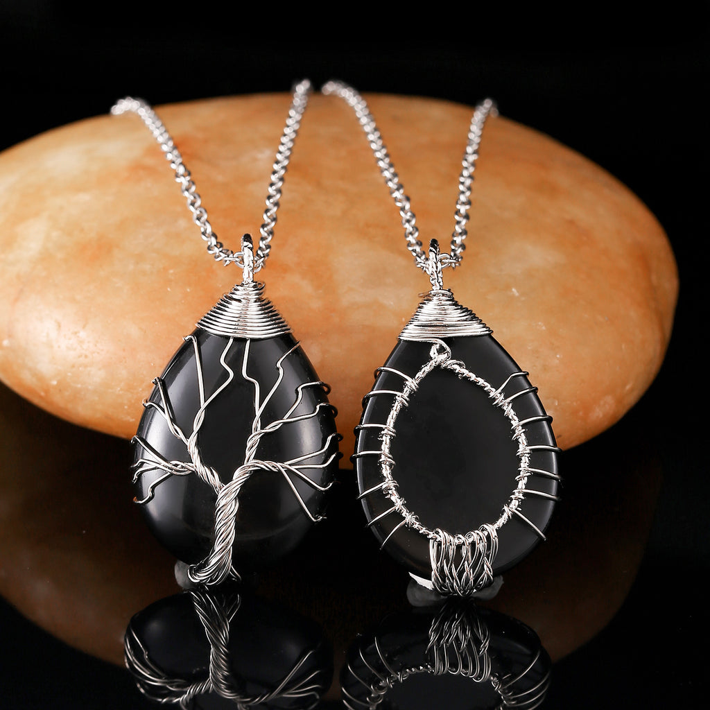 Tree Of Life Teardrop Pendant Necklace Natural Gemstone Crystal Wire Wrapped Healing Energy Stone Jewelry For Women - View 3