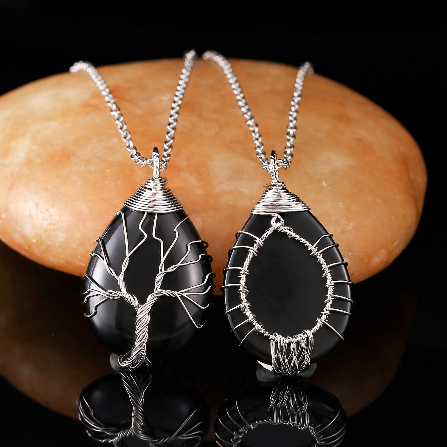 Tree Of Life Teardrop Pendant Necklace Natural Gemstone Crystal Wire Wrapped Healing Energy Stone Jewelry For Women - View 3