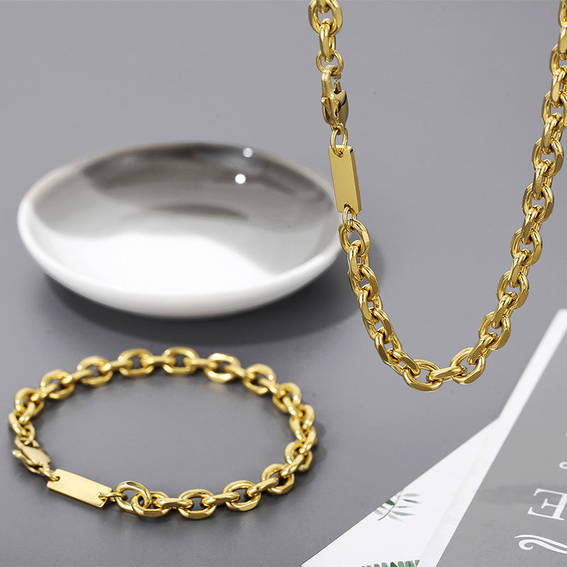 Hip Hop Stainless Steel Necklace And Bracelet With Square ID Tag Plate O-Link Chain Jewelry Unisex Gold Silver Color