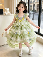 Girls green layered mesh princess dress with floral details