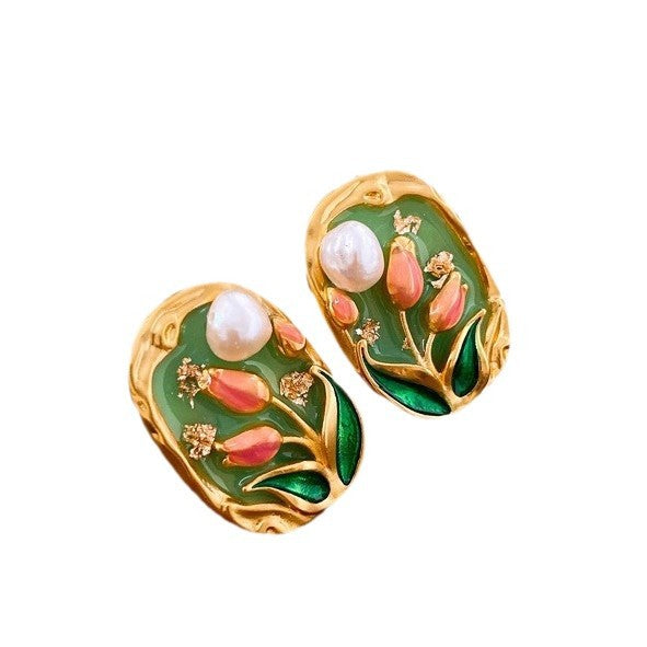 Vintage Enamel Oil Painting Style Earrings For Women Alloy Floral Butterfly Design With 925 Sterling Silver Earring Post - View 5