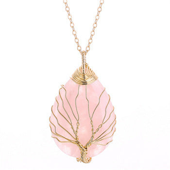 Tree Of Life Teardrop Pendant Necklace Natural Gemstone Crystal Wire Wrapped Healing Energy Stone Jewelry For Women