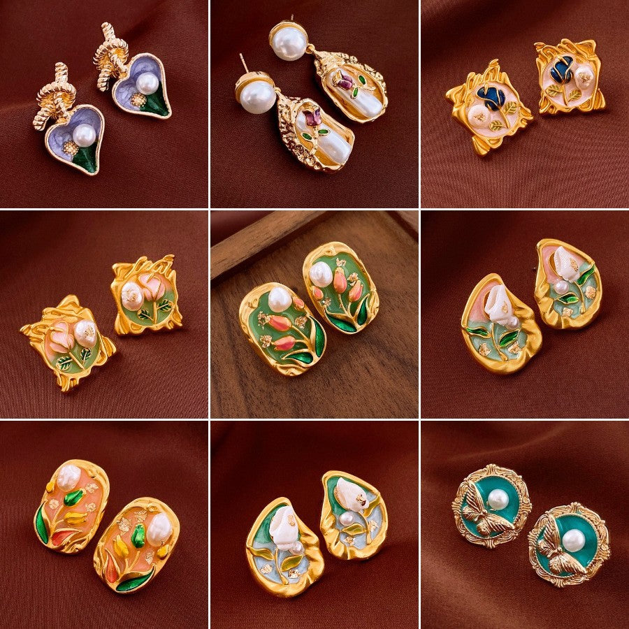 Vintage Enamel Oil Painting Style Earrings For Women Alloy Floral Butterfly Design With 925 Sterling Silver Earring Post
