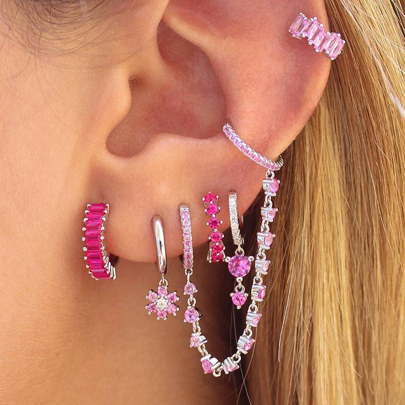 Fashion Zircon Earrings Brass Jewelry Hoop Ear Cuff Flower Drop Women Elegant Decorative Accessories