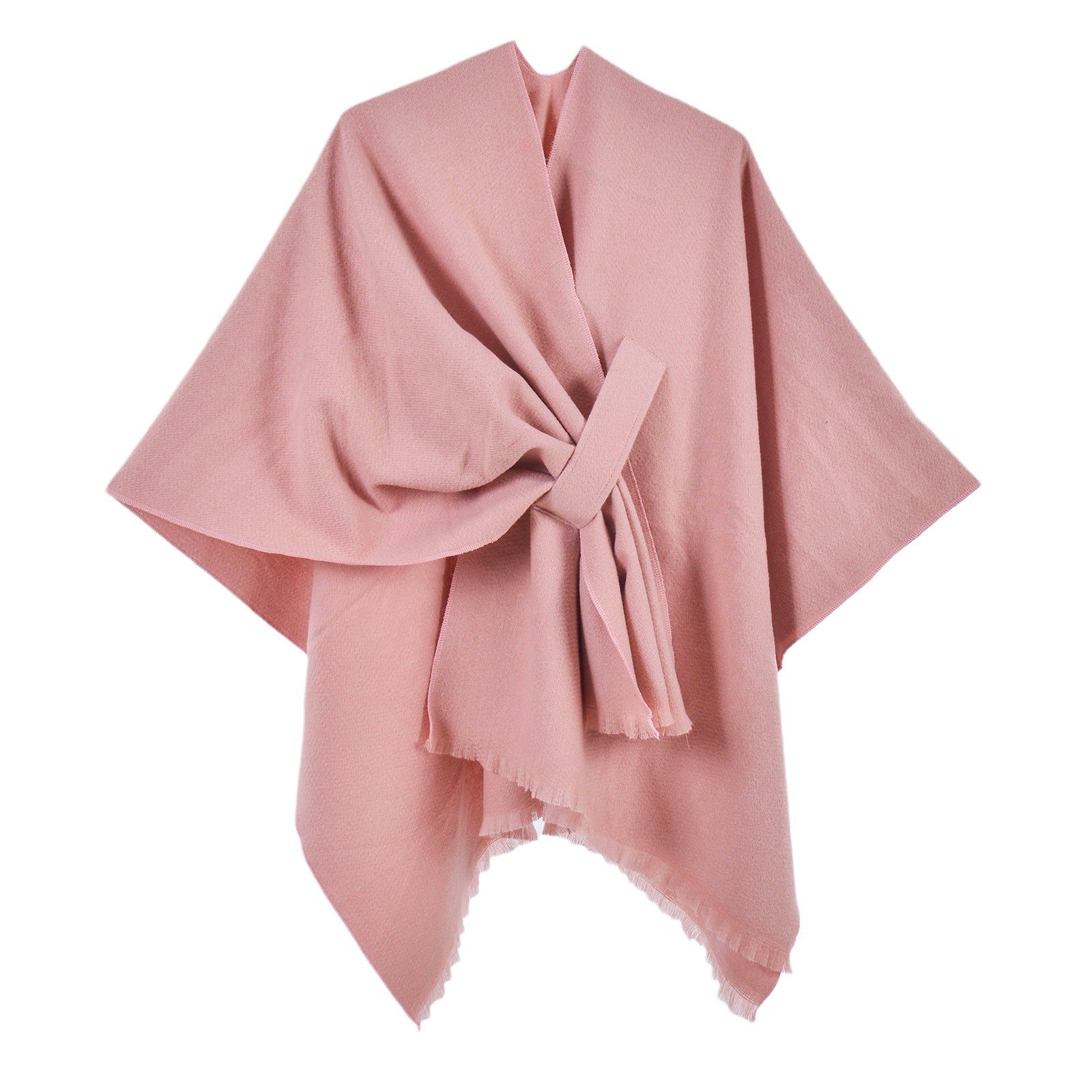 Women Faux Cashmere Shawl Poncho Tie-Up Open Front Wrap With Tassels Solid Color Striped Plaid Fashion Cape - View 5