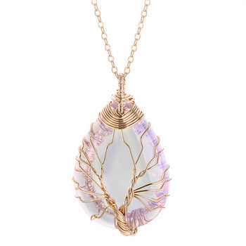 Tree Of Life Teardrop Pendant Necklace Natural Gemstone Crystal Wire Wrapped Healing Energy Stone Jewelry For Women