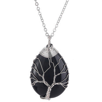 Tree Of Life Teardrop Pendant Necklace Natural Gemstone Crystal Wire Wrapped Healing Energy Stone Jewelry For Women
