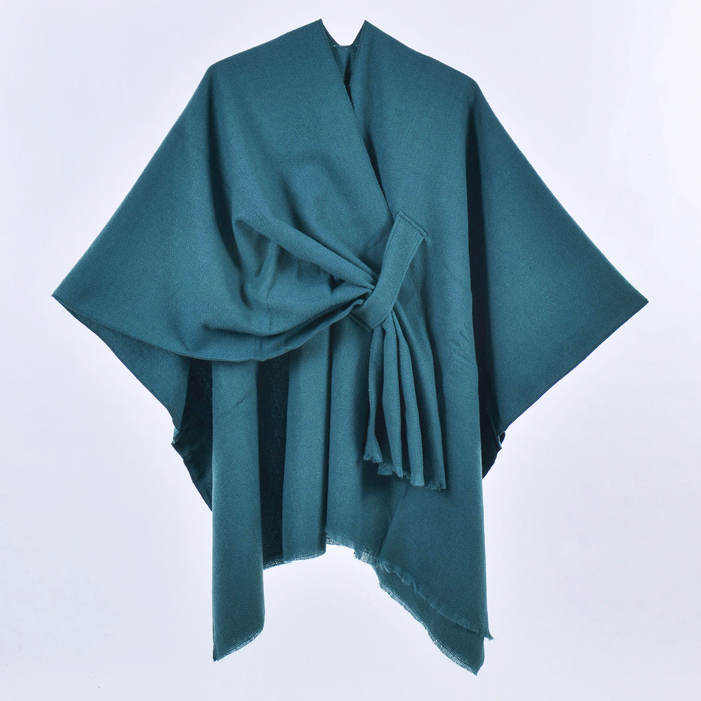 Women Faux Cashmere Shawl Poncho Tie-Up Open Front Wrap With Tassels Solid Color Striped Plaid Fashion Cape - View 3