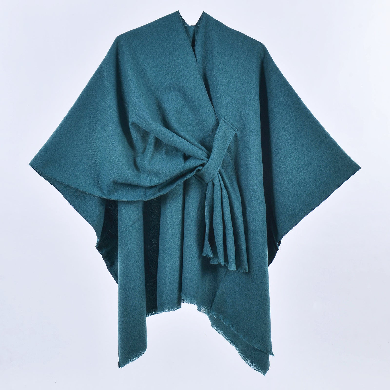 Women Faux Cashmere Shawl Poncho Tie-Up Open Front Wrap With Tassels Solid Color Striped Plaid Fashion Cape - View 3