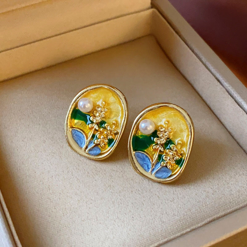 Vintage Enamel Oil Painting Style Earrings For Women Alloy Floral Butterfly Design With 925 Sterling Silver Earring Post - View 3