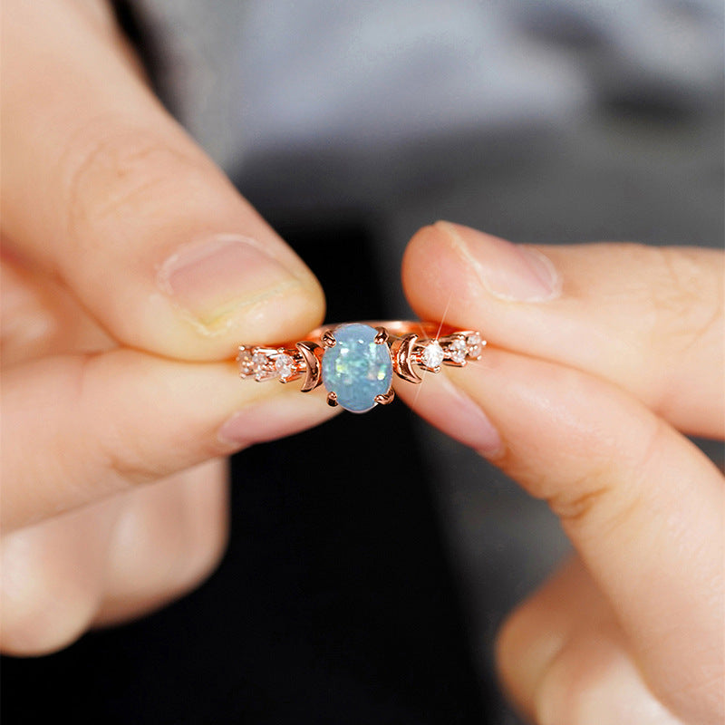 Vintage Oval Moonstone Opal Ring Sun And Moon Design Copper Zircon Bohemian Celestial Jewelry For Women - View 3